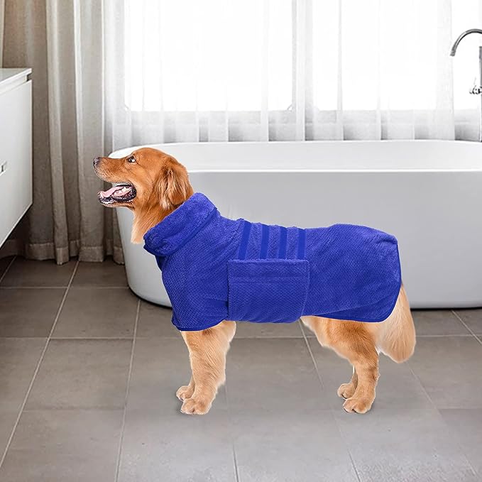 Geyecete Pineapple Grid Fast Drying Super Absorbent Dog Cat Bath Robe Towel - Blue - XXL