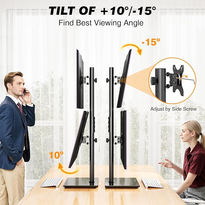 Dual Monitor Stand VESA Mount for 13-38 Inch Screens up to 44lbs | Free-Standing Monitor Riser with Swivel, Tilt, Rotation & Height Adjustable, Compatible with VESA 75x75-100x100mm