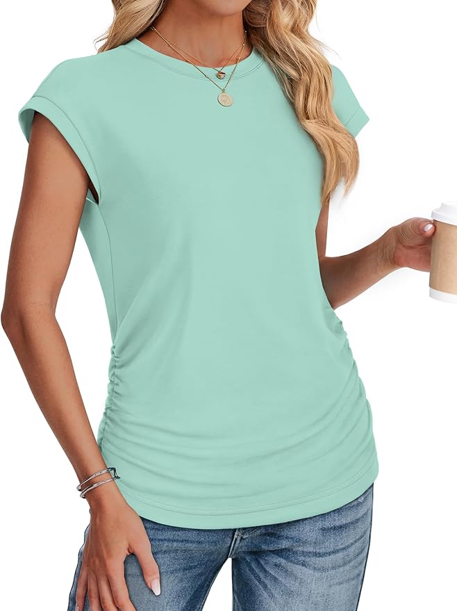 Sampeel Womens Summer Tops Trendy 2026 Ruched Cap Short Sleeve Tshirts Shirts Crew Neck T Shirts Fashion