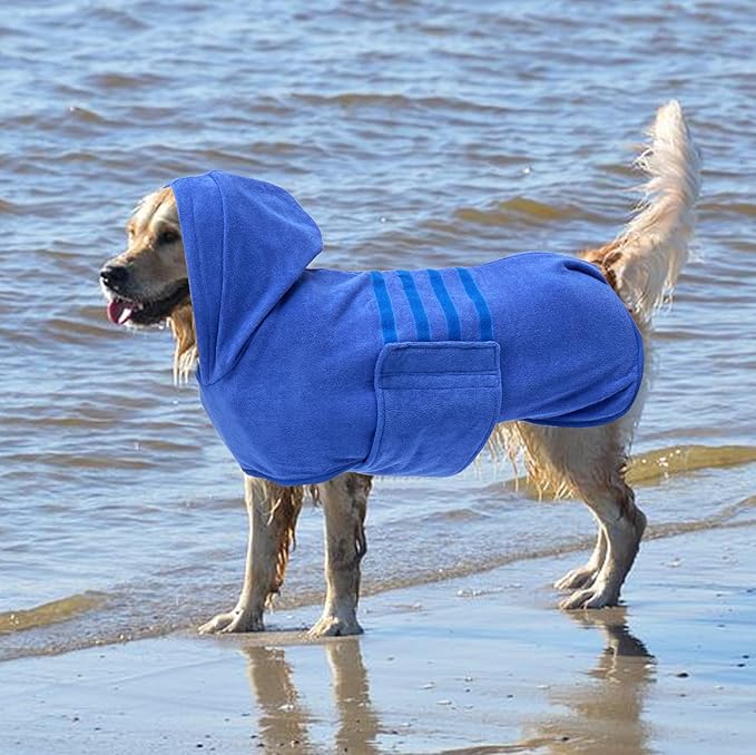 Geyecete Dog Drying Coats with Hood - Absorbent Robe Dry Fast Dog Towel - Microfibre Fast Drying Super Absorbent - Blue - L