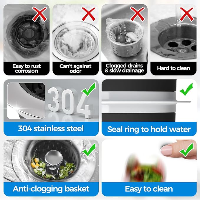 3 in 1 Kitchen Sink Drain Strainer Stopper Removable Basket Pop-Up | Kitchen Sink Accessories 3 Pack Black Stainless - Food Catcher, Odor-Blocking Seal, Fits 3.5" Drain, Easy Clean