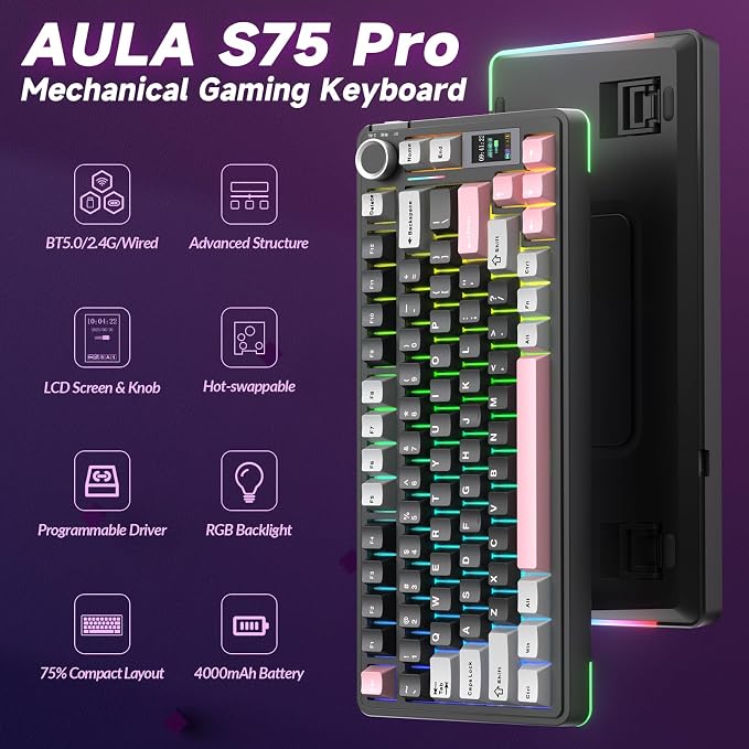 AULA S75 PRO Wireless Mechanical Keyboard with Screen&Knob, 75% Hot Swappable Gaming Keyboard with Pre-lubed Switches, RGB Backlit, PBT Keycaps Creamy Sounding Pc Gaming Keyboards