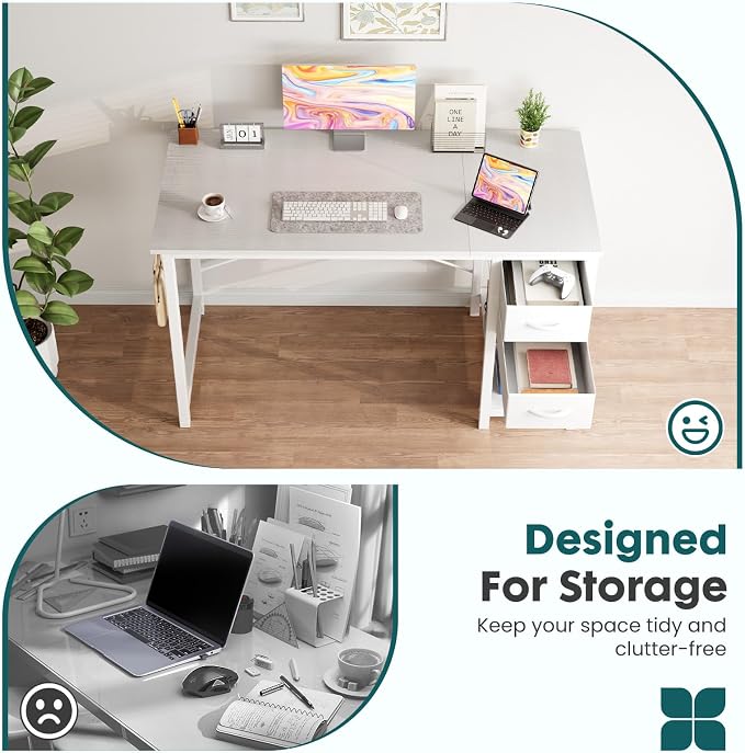 Sweetcrispy 40-Inch Computer Desk with Drawers, Office Desk, White | Small Desk for Bedroom Home Office with Side Hook, Modern Simple desk with storage for Writing