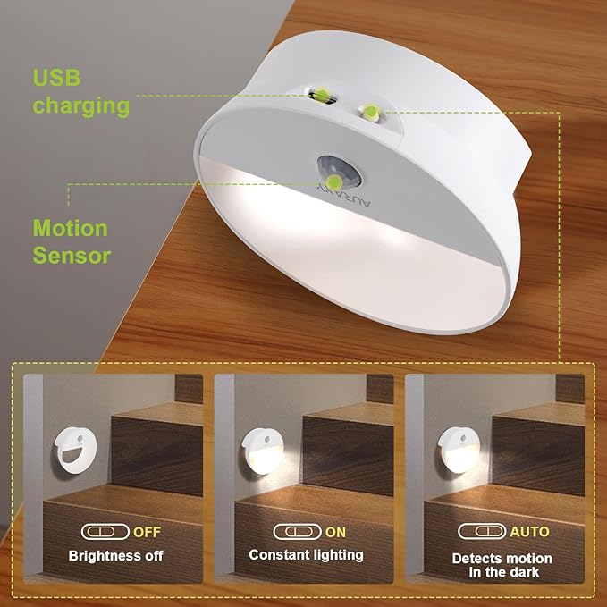 Rechargeable Motion Sensor Night Light, Battery Night Lights LED Cool White Magnetic Stick-on Motion Sensored Hallway Light, with Dusk to Dawn Sensor for Stair, Wall, Bedroom, Bathroom(3 Pack)