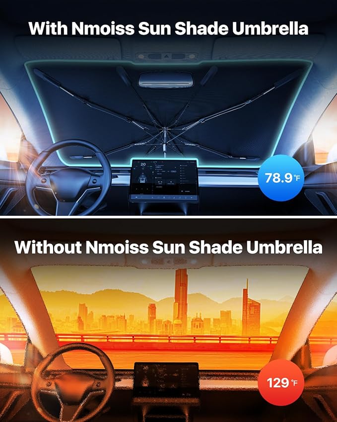 Nmoiss Windshield Sun Shade Umbrella [Vinyl Coating Heat Shield] Keep Cool | Protect Car from Sun Rays & Heat Damage and Protect Interior, Spring Structure Edge Small (53" L x 29" W)