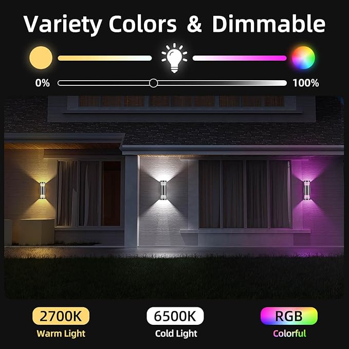 SHIMR Smart Porch Lights RGBCW 2 Pack, Color Changing Outdoor Wall Lights Stainless Steel Outdoor Light Fixture with Remote for House Garage, Compatible with Alexa Google Assistant