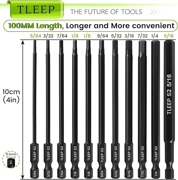 22Pcs Allen Wrench Drill Bit Set 5/16-5/64 1.5MM-12MM, 100MM Long Magnetic Hex Key Set for Ikea Furniture, S2 Steel 1/4" Hex Shank Drill Bits Tools for Narrow Space, Metric & Sae Full Size