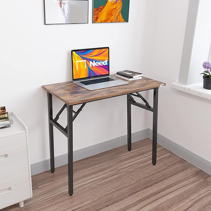 Need Small Computer Desk 31.5 Inch Folding Home Office Table Retro | Black Frame Writing Gaming Work Table/Sturdy Foldable Study Table for Small Space/Dormitory, No Assembly Required