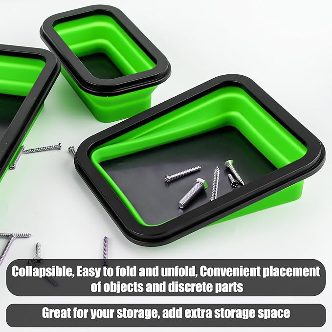 3pcs Collapsible Magnetic Parts Tray, 3 Sizes Magnetic Foldable Tray Insulating Silicone Magnetic Tool Tray for Mechanic's Folding Bowl & Magnetic Base for Bolts Screws Nuts Gaskets (Green)