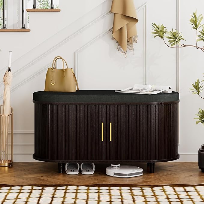 Entryway Bench with Storage: 35.4" Wooden Bedroom Shoe Bench with Thickened Padded Seat Cushion, Mid Century Modern Fluted Sliding Door and Adjustable Shelf, for Entryway, Living Room
