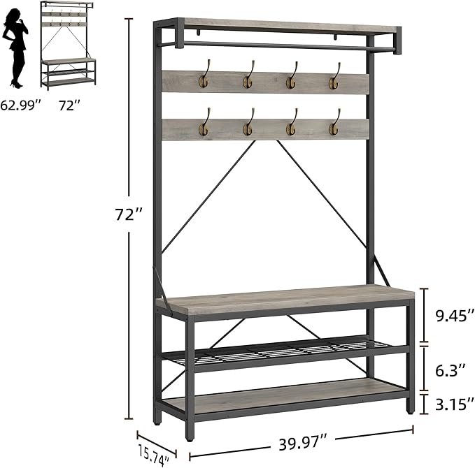 IDEALHOUSE Coat Rack Shoe Bench Industrial Hall Tree Storage Bench for Entryway Wood Look Accent Large Shoe Rack with Storage Shelf Hanging Bar,8 Hooks Grey 39.9"x15.7"x72"
