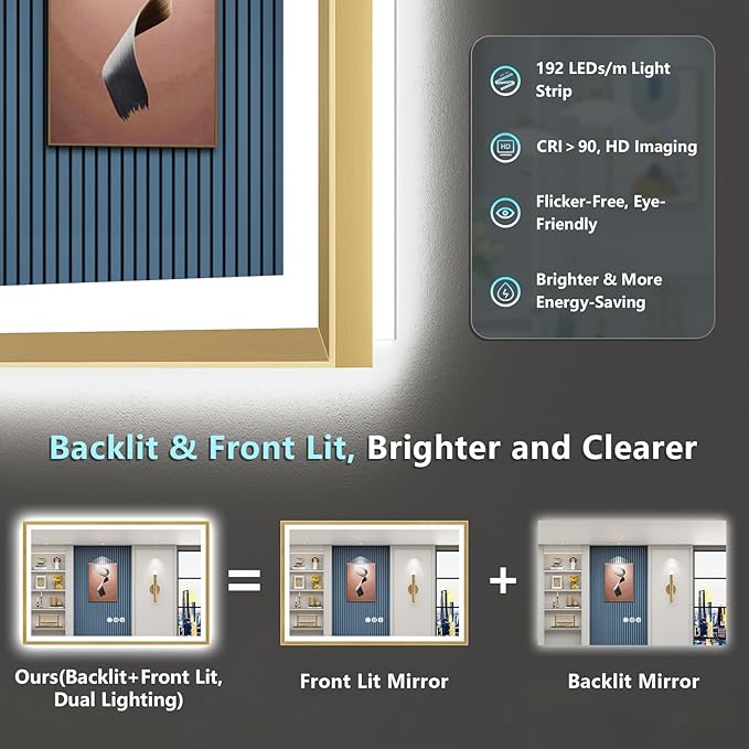 55x40 Gold Beveled LED Bathroom Mirror with Lights, Brushed Gold Framed Backlit and Front Lit Anti-Fog Lighted Vanity Mirrors for Bathroom Wall, Dimmable, 3 Colors, Memory, HD Tempered Glass