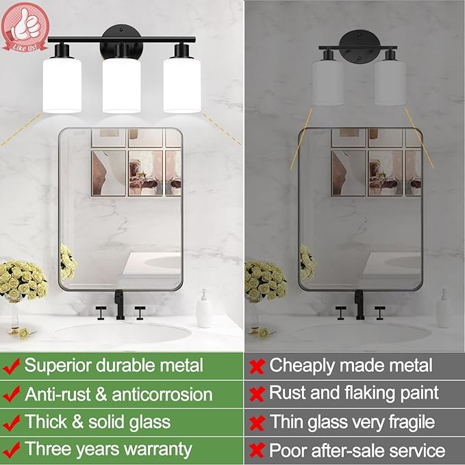 3-Light Bathroom Light Fixtures, Black Modern Vanity Lights with Milky White Frosted Glass Shades, Bathroom Wall Lamp for Mirror Kitchen Living Room Hallway Cabinet Porch