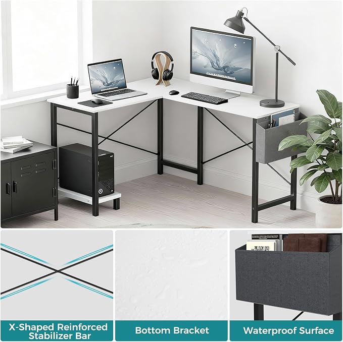 OLIXIS L Shaped Desk, 50-Inch Office Computer Gaming Desks Corner PC Table with Side Bag and Reversible Shelf for Home Work Study Writing White | Side Bag, Reversible Shelf, Home Work Study Writing, PC Workstation, Easy Assembly, White
