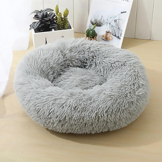 Calming Dog Bed for Small Dogs, Calming Donut Cuddler Pet Bed Anti Anxiety Round Dog Bed Fluffy Plush Faux Fur Cat Bed,Gradient Grey,23.6IN