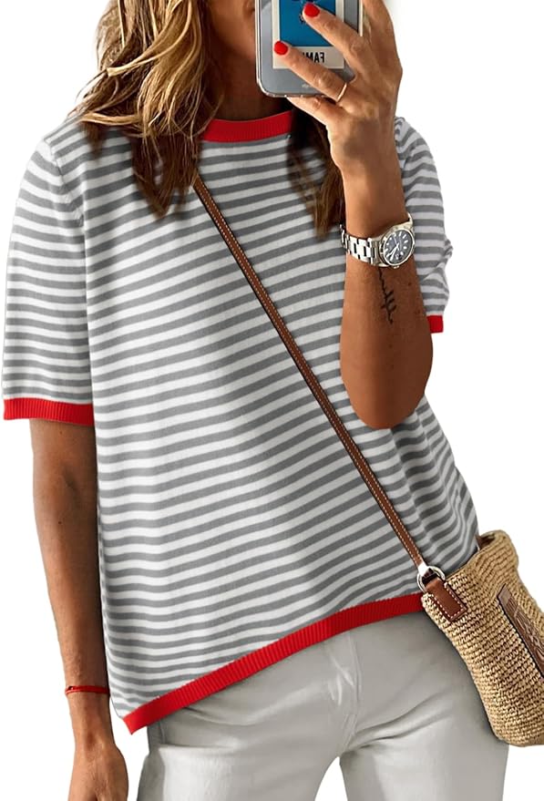 Dokotoo Womens Tops 2026 Casual Summer Crewneck Short Sleeve Striped Color Block Knit High Low Trendy Pullover Sweaters