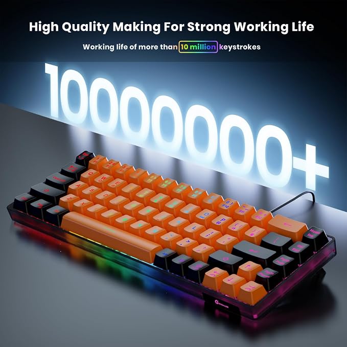 GEODMAER 65% Gaming Keyboard, LED Backlit Mini Wired Keyboard, Ultra-Compact Anti-Ghosting No-Conflict 68 Keys Membrane Gaming Wired Keyboard for PC Laptop Windows Gamer(Orange-Black)
