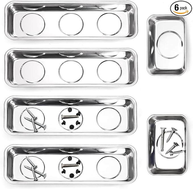 Okllen Set of 6 Small Magnetic Parts Trays, Stainless Steel Magnetic Tray Set for Mechanic's, Extra Strong Magnetic Tool Trays Holder for Socket Screw Nuts Bolts Metal Parts, 8"x2.5"/3.6"x2.5"