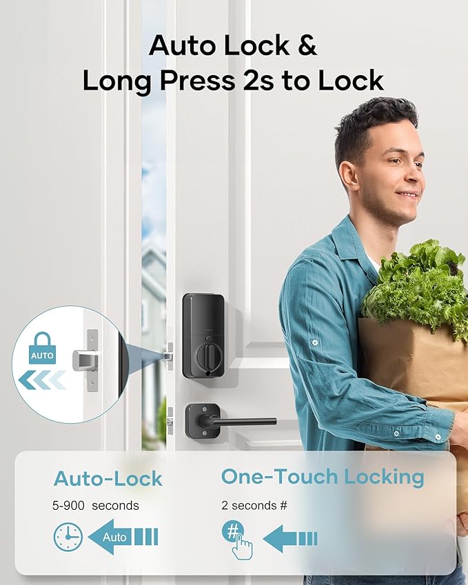 Keyless Door Lock with Handle Set - SMONET WiFi Fingerprint Smart Locks for Front Door, App Remote Control, Digital Bluetooth Keypad Deadbolt Set with Alexa, Auto Lock, Code, Fobs for Home Black
