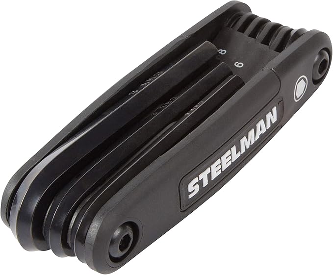 Steelman Portable Folding Hex Key Wrench Metric Multi-Tool, Set Includes 1.5, 2, 2.5, 3, 4, 5, 6, and 8mm Sizes, Chamfered Ends, Steel, Corrosion-Resistant Black Oxide Coating