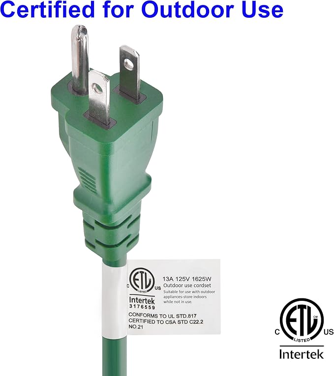 Clear Power Outdoor Extension Cord 25 FT 16 Gauge 3Prong Cords for Christmas Light, Holiday Decoration, Yard (3 Outlets, Green, 25 ft)