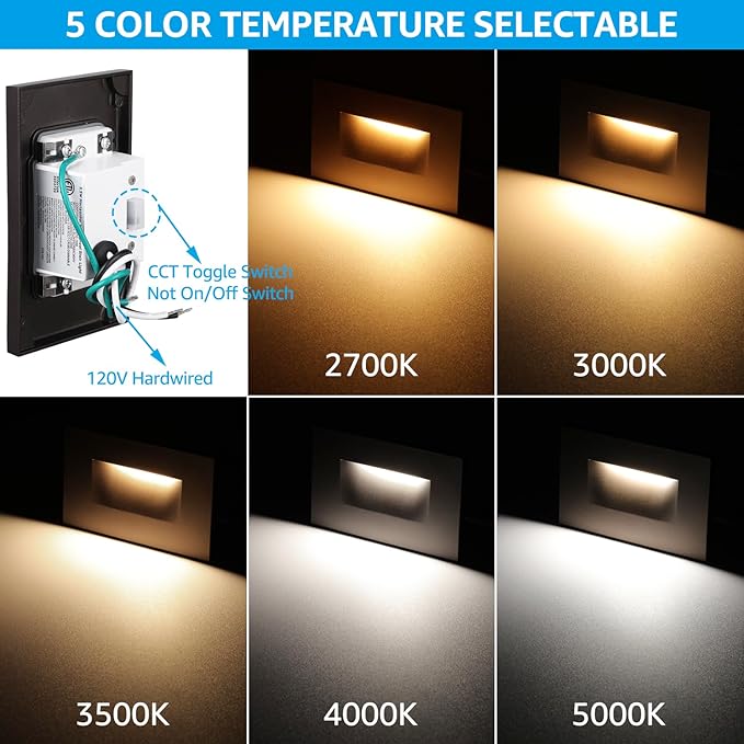 LEONLITE 5CCT 120V LED Step Lights, 3.5W 150LM 5%-100% Dimmable Horizontal Stair Lights Indoor Outdoor Wet Location, CRI90+ & ETL, 2700K/3000K/3500K/4000K/5000K, Aluminum, Oil Rubbed Bronze, Pack of 3