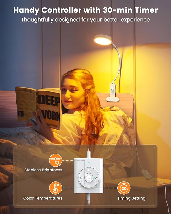 Glocusent 5W Clip on Light, 3 Colors & 5 Brightness Reading Light for Bed | Flexible Gooseneck Clip on Lamp, 30-Min Timer, Reading Lamp, Perfect Desk Lamp for Dorm,Bunk,Bed,Headboard,Table,Work,Craft