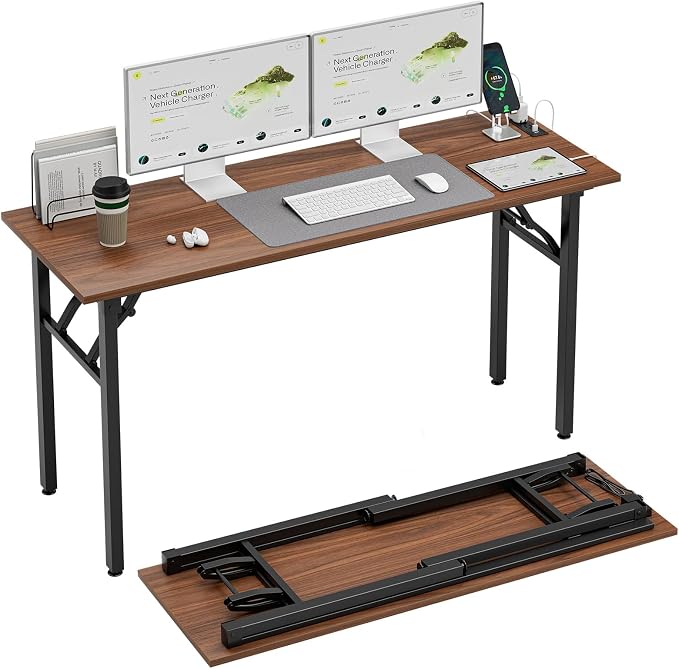 TEMI Long Computer Desk Folding Table - No Assembly, Compact 55.1" Foldable Desk with Power Outlets & USB Charging Port, Portable Lagre Office Desk, Ideal Large Study Table for Narrow Spaces, Walunt