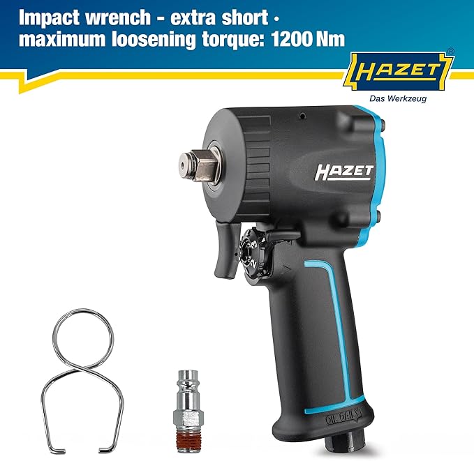 HAZET Pneumatic Impact Wrench 9012M-1 I Extra Short 3.15 Inches, Max. Release Torque: 885ft-Lbs, Square 0.49 Inches (1/2 Inch), Operating Pressure: 90 psi I Compact Design