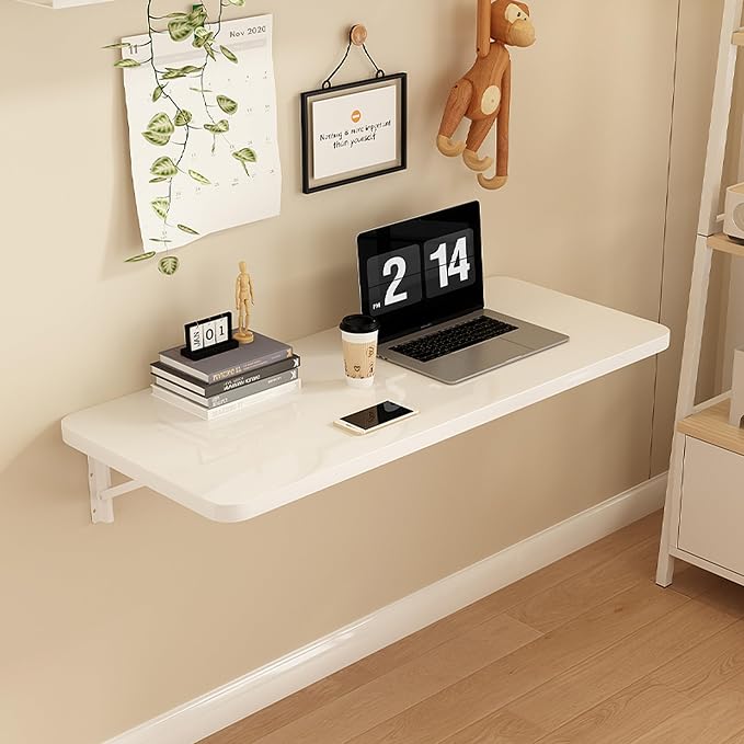 Wall Mounted Folding Table,floating desk for wall,folding wall desks for small spaces,hanging desk for Home Office Computer Workstation,Study Work Bench, Kitchen Dining (white, 27.6"×15.7"(70×40cm))