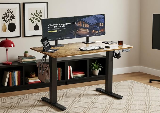 YDN 63 x 24 Inch Rustic Brown Electric Standing Desk | Adjustable Height, Sit Stand, Cable Management, Ergonomic, Home Office