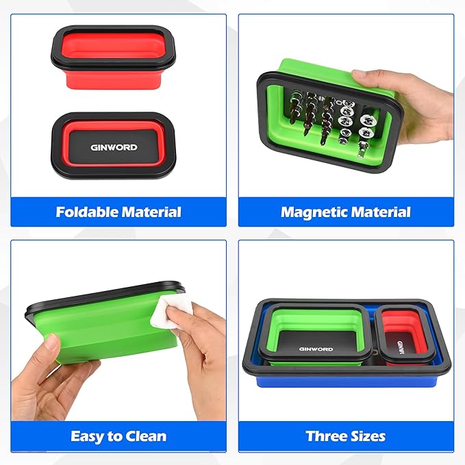 3Pcs Foldable Magnetic Partsn Trays Set with 3LBS Magnetic Pick-up Tool, 3 Size Silicone Magnetic Tool for Organizing Screws, Bolts, Nuts, Washers, Pins, and Other Small Metal Parts