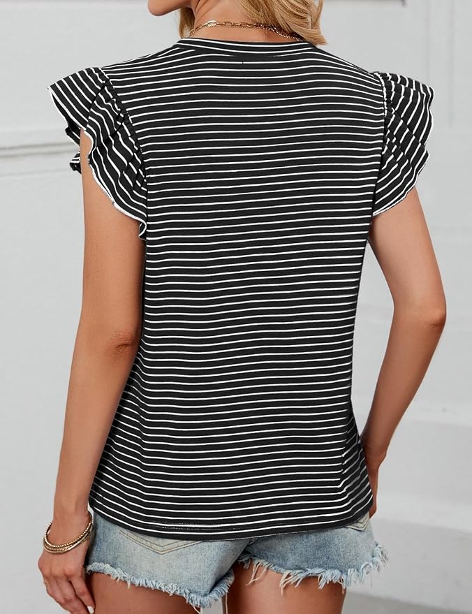 JUSTFASHIONNOW Womens Summer Tops Striped T-Shirts 2026 Ruffle Short Sleeve Crew Neck Casual Blouses with Pocket