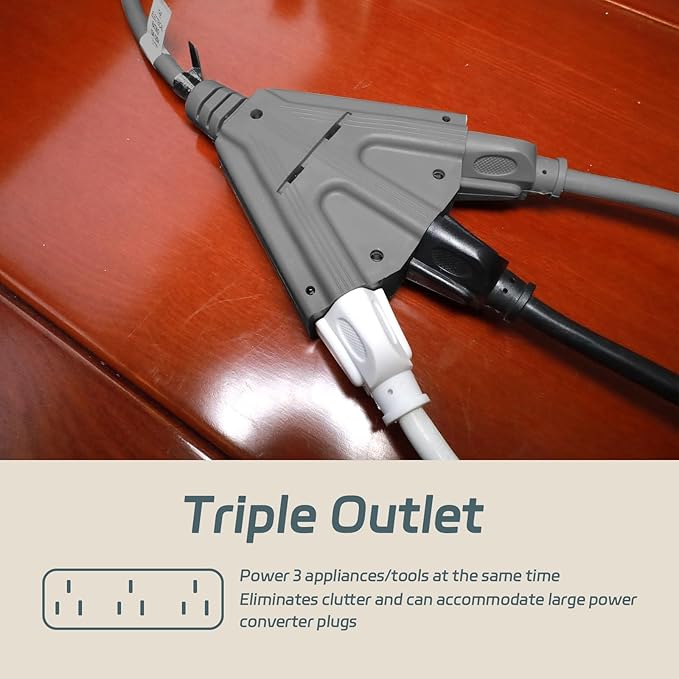 EP 15 Ft Outdoor Extension Cord with 3 Electrical Power Outlets - 16/3 SJTW Grey Cable with 3 Prong Grounded Plug for Safety Great for Christmas Lights, Garden and Major Appliances