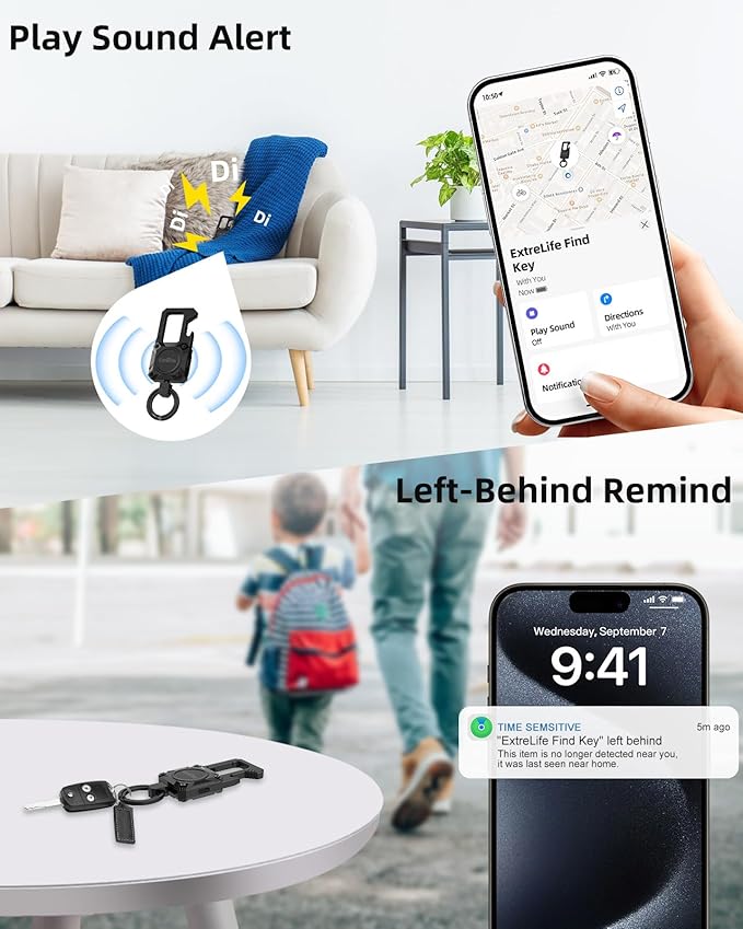 Keychain, Works with Apple Find My, Heavy Duty Keychain Bottle Opener, Carabiner Car Key Chains with Gps Tracker, Key Finder, Bluetooth Tracker for Luggage, Kids, Bags and More, Rechargeable, Black