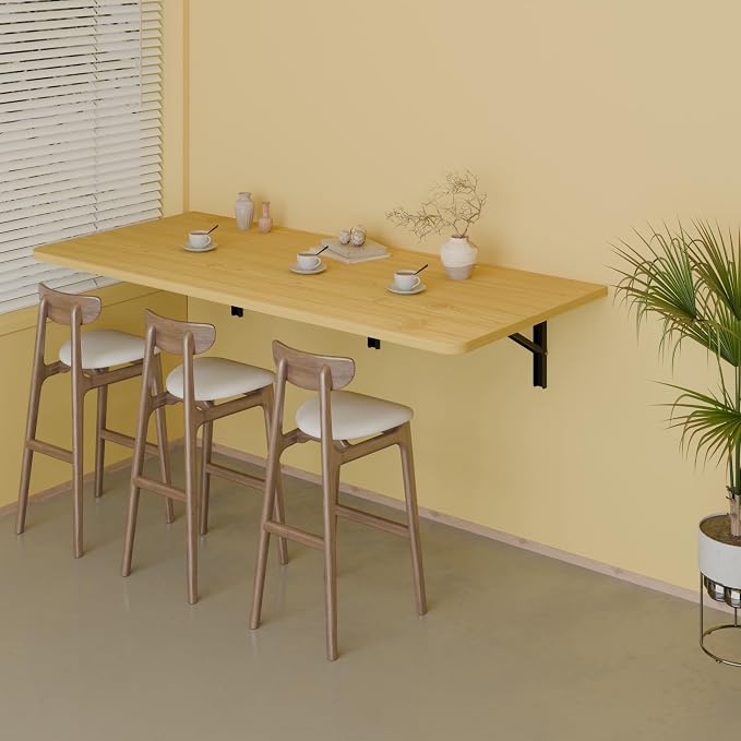 IAE 55x22in Floating Fold Desk,Wall-Mounted Folding Computer Table,Natural | Study Table with Shelf Brackets,Foldable Down Shelf with Engineered Wood,Fold Computer Desk for Small Apartment,Holds 513 lb