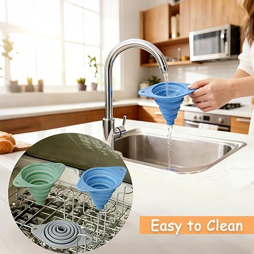 Kitchen Funnel Set 3 Pack, Collapsible Silicone Funnel for Kitchen Use, Small Funnels for Filling Bottle, Transfer Liquid, Oil and Powder, Food Grade Silicone Filter with a Brush