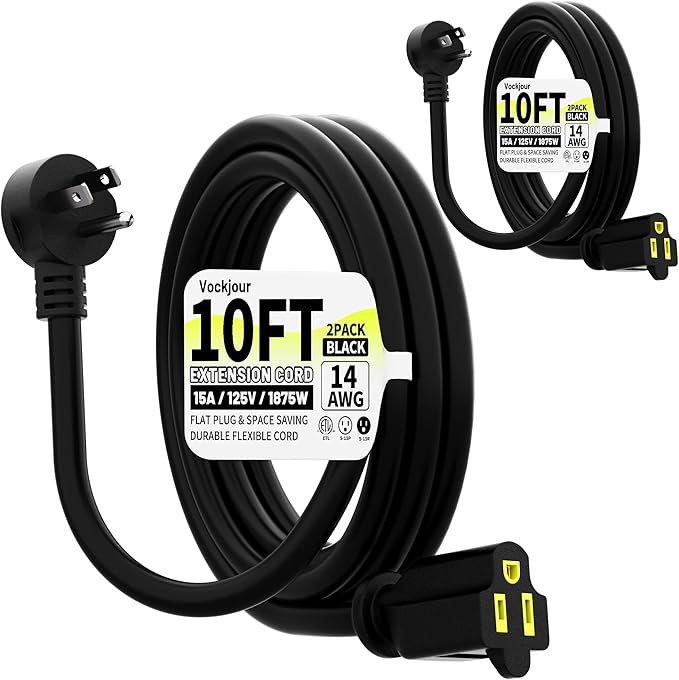 Vockjour 10 FT 2 Pack Black Low Profile Flat Plug 14 Gauge Heavy Duty Extension Cord, 14AWG 3-Wire Grounded Appliance Extension Cord, 15A/125V/1875W SJTW ETL Listed Power Cord