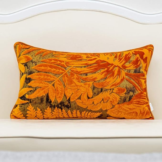 Alerfa 12 x 20 Inch Orange Rectangle Maple Leaf Pillow Embroidery Cut Velvet Cushion Case Luxury Modern Lumbar Throw Pillow Cover Decorative Pillow for Couch Sofa Living Room Bedroom Car