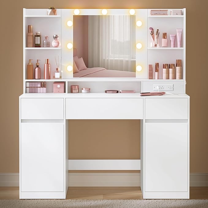 VASAGLE Kailyn Collection - Vanity Desk with Mirror and 9 LED Bulbs, Vanity Makeup Table with Power Outlets, Dressing Table with 2 Cabinets, for Bedroom, Cloud White URDT142WB01S