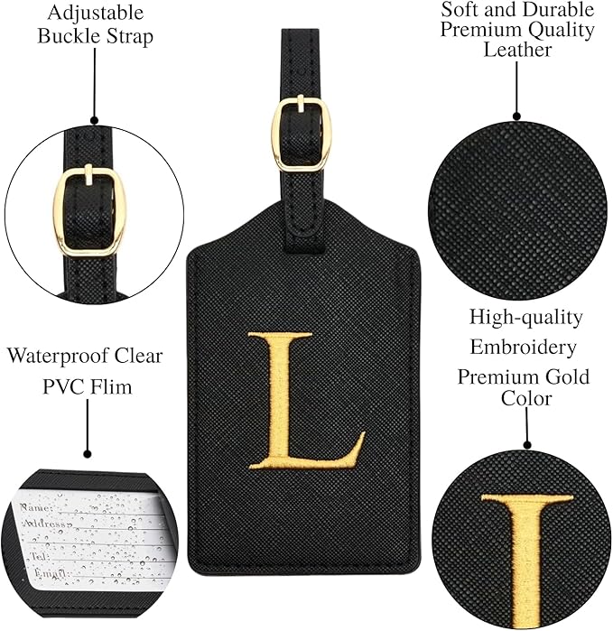 Luggage Tag PU Leather for Suitcase Baggage Handbag Travel Bag Label Suitcase Tag Label Tag w. Name Card & Privacy Cover (L)