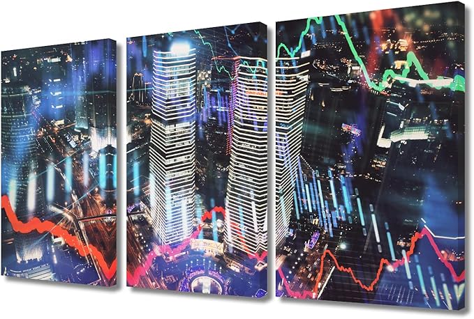 TUMOVO Trading Graph on The Cityscape at Night Background Pictures Wall Decor Living Room 3 Piece Business and Financial Concept Rustic Home Decor Framed Ready to Hang (36" Wx24 H)