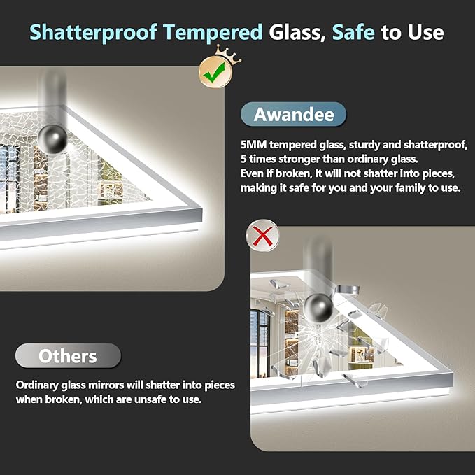24x32 Brushed Nickel LED Bathroom Mirror with Lights, Sliver Framed Backlit and Front Lit Anti-Fog Lighted Vanity Mirrors for Bathroom Wall, Dimmable, 3 Colors, Memory, Tempered Glass, CRI＞90
