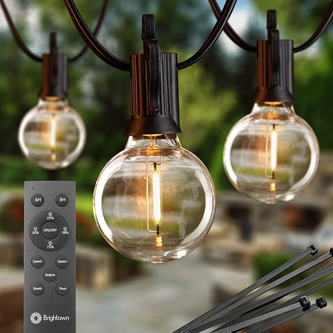 Brightown Led String Lights Outdoor 108Ft(98+10) with Remote, Patio String Lights for Outside with 52 Shatterproof Bulbs(2 Spare), Waterproof Hanging Lights for Backyard Bistro Party Cafe, E12 Socket