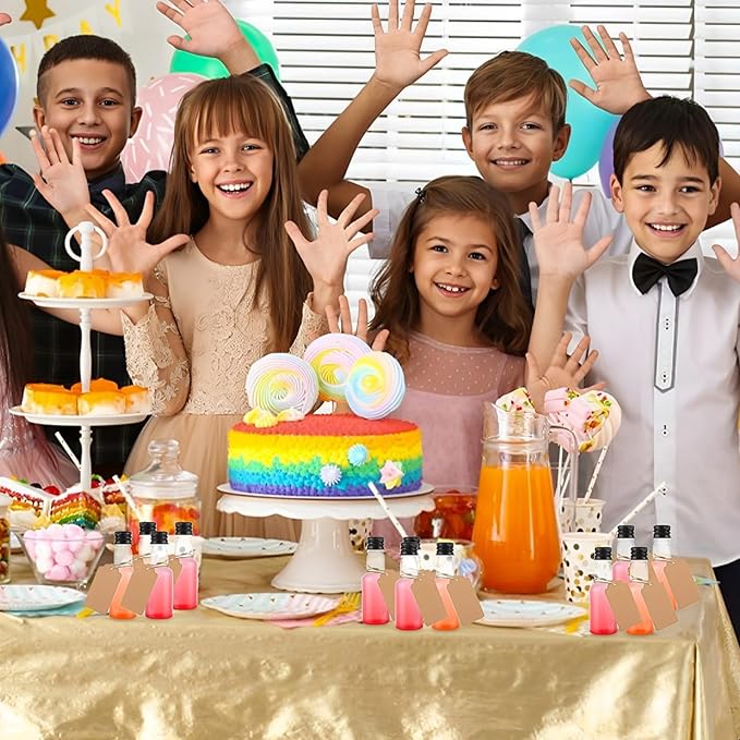 WOPPLXY 100 Pcs Mini Liquor Bottles Set, 1Oz Mini Empty Plastic Alcohol Shot Bottles with Caps, Small Alcohol Bottle with 10 Funnels, 100 Pcs Kraft Tags and Rope, Perfect for Halloween Party Wedding