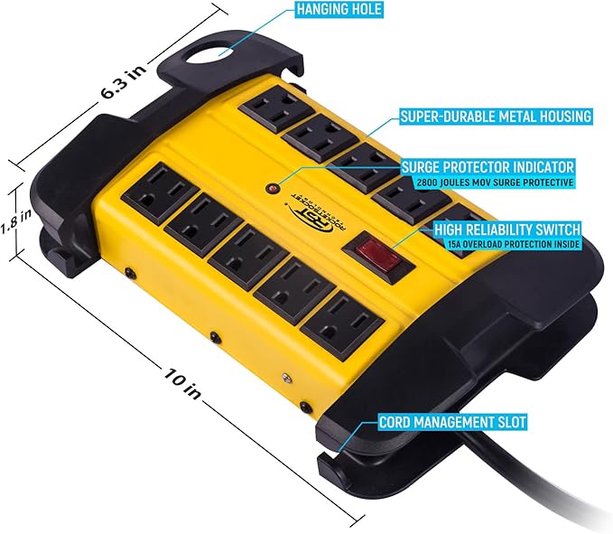 CRST 10-Outlets Heavy Duty Power Strip Metal Surge Protector with 15 Amps, 15-Foot Power Cord 2800 Joules for Garden, Kitchen, Office, School, ETL Listed(3165047) (10-Outlet, Yellow)