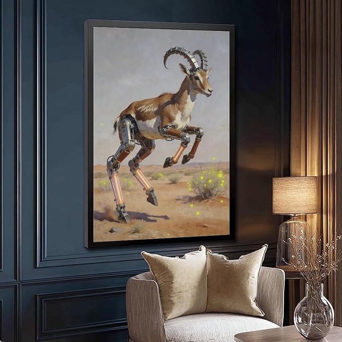 Framed Steampunk Mechanical Antelope Wall Art - Desert Futuristic Poster for Loft Living Room Decor 20x30in