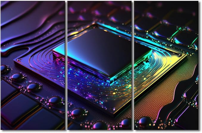 TUMOVO 3 Piece Canvas Wall Art Vibrant Colorful Computer Chip on Circuit Board Posters and Prints AI Prints on Canvas, Modern Artwork for Living Room Wooden Framed Ready to Hang, 60" Wx40 H