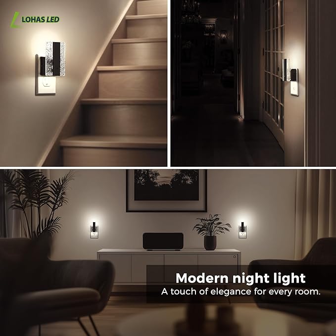L LOHAS LED Night Lights Plug Into Wall, 2 Pack Night Light with Dusk-to-Dawn Sensor, Dimmable Decorative LED Nightlights, 0-100LM 5000K Adjustable Brightness for Bathroom, Hallway, Bedroom,Stairway