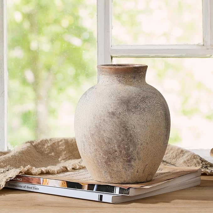 SIDUCAL Ceramic Decorative Flower Vase | 6 Inch Pottery Rustic Farmhouse | Boho | Whitewashed Terracotta Vase for Home Decor, Table, Living Room, Bathroom, Shelf, Mantel Decoration